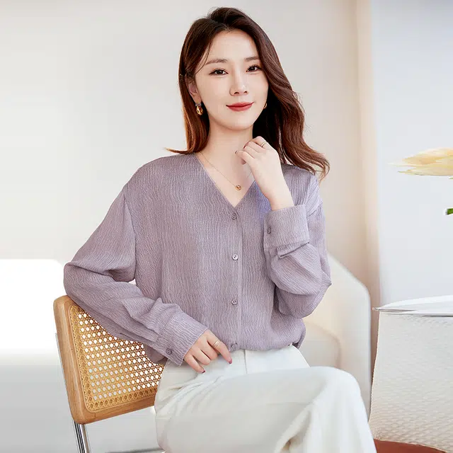 水墨佳人 桑蚕丝长袖泡泡绉衬衫 女款