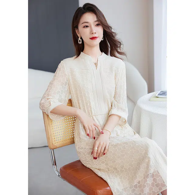 水墨佳人 桑蚕丝绣花时尚中长短袖连衣裙 女款