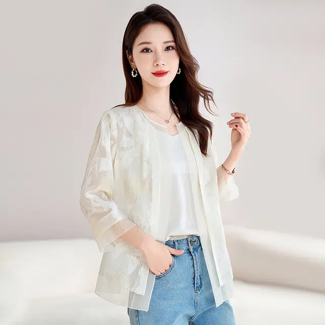 水墨佳人 桑蚕丝真丝乔其剪花开衫轻薄截短上衣 女款 白色