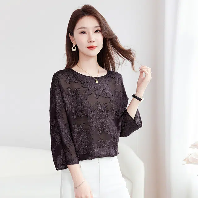 水墨佳人 提花真丝舒适百搭休闲上衣短袖衬衫 女款