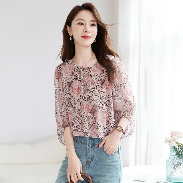 水墨佳人 圆领合身七分袖高级印花长袖衬衫 女款