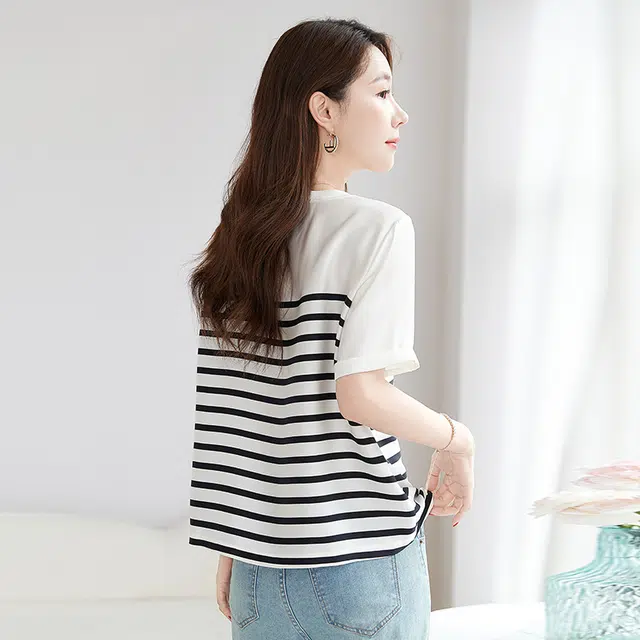 水墨佳人 条纹桑蚕丝舒适轻奢日常通勤短袖衬衫 女款