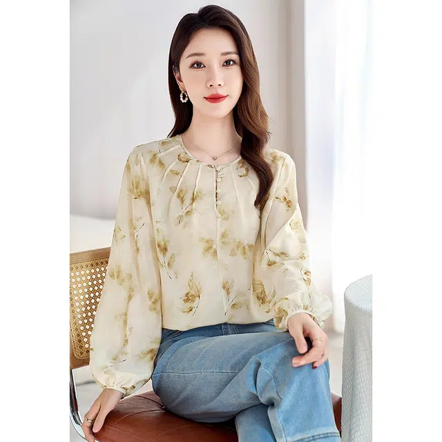 水墨佳人 真丝双绉灯笼长袖衬衫 女款 绿卡色