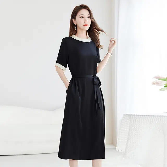 水墨佳人 轻奢桑蚕丝中长款短袖连衣裙 女款