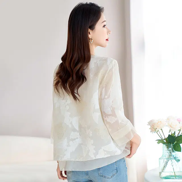 水墨佳人 桑蚕丝真丝乔其剪花开衫轻薄截短上衣 女款 白色