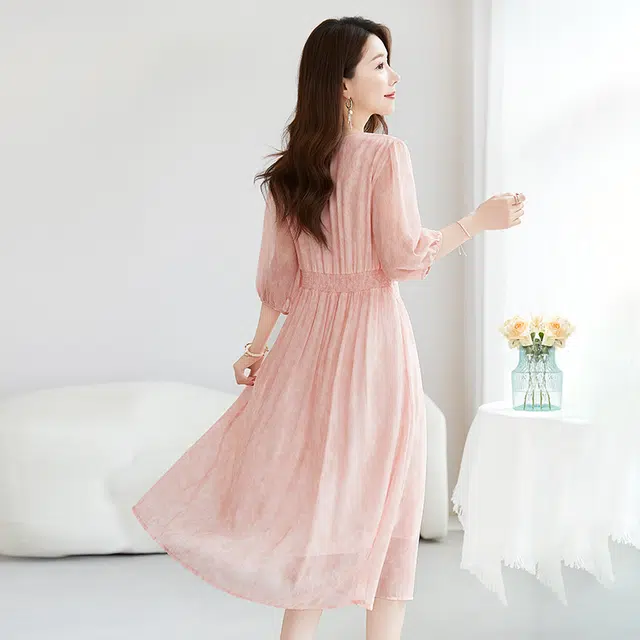 水墨佳人 气质简约舒适通勤五分袖短袖连衣裙 女款