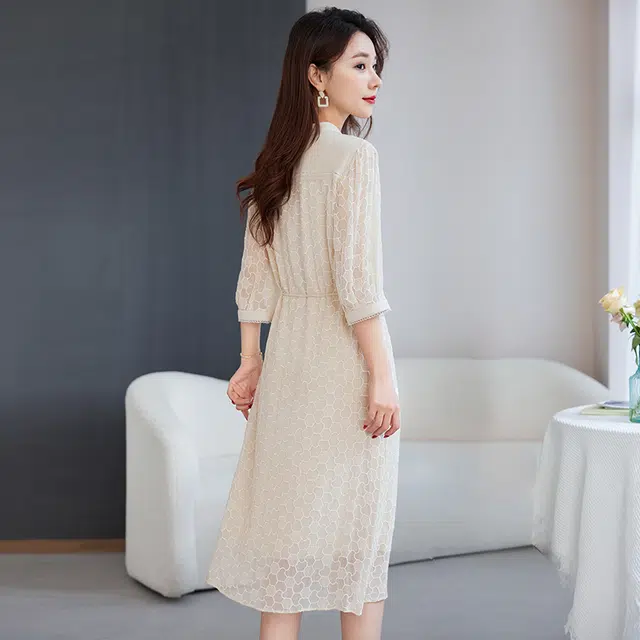 水墨佳人 桑蚕丝绣花时尚中长短袖连衣裙 女款