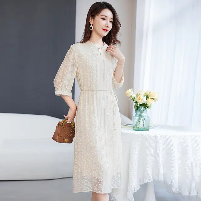 水墨佳人 桑蚕丝绣花时尚中长短袖连衣裙 女款