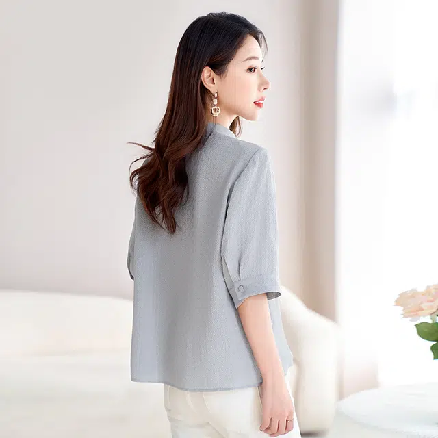 水墨佳人 纯色宽松立领短袖衬衫 女款 高级灰
