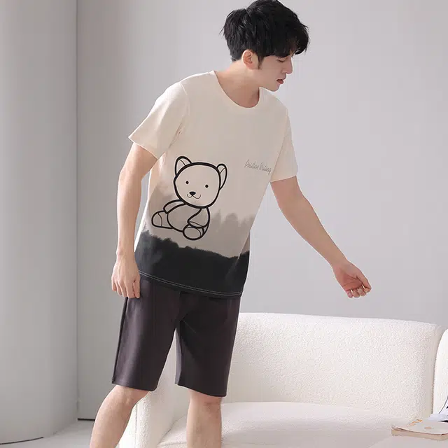 帕兰朵 卡通小熊印花可外穿家居睡衣套装 男款