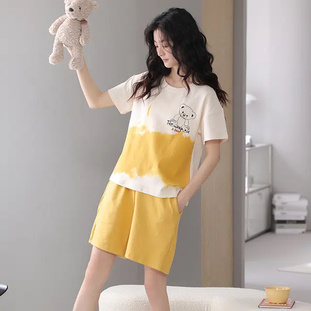 帕兰朵 舒适撞色小熊卡通印花亲肤透气短袖短裤家居服睡衣套装 女款