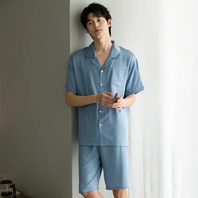 帕兰朵 柔软简约短袖居家休闲可外穿翻领睡衣套装 男款