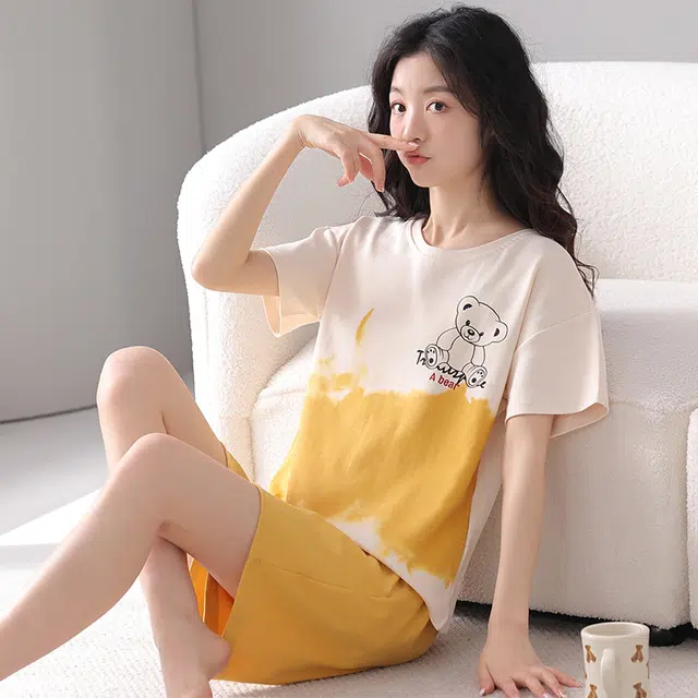 帕兰朵 舒适撞色小熊卡通印花亲肤透气短袖短裤家居服睡衣套装 女款
