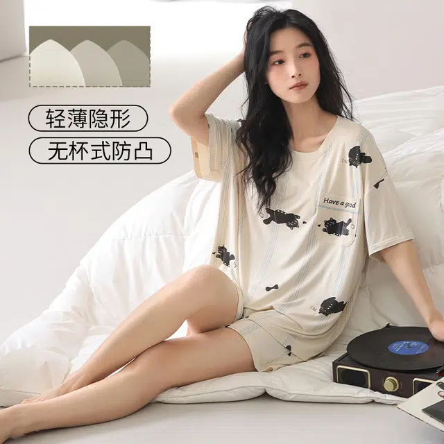帕兰朵 可外穿居家透气凉感自带胸垫短袖夏季睡衣套装 女款