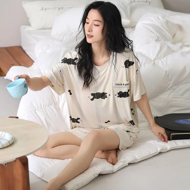 帕兰朵 可外穿居家透气凉感自带胸垫短袖夏季睡衣套装 女款