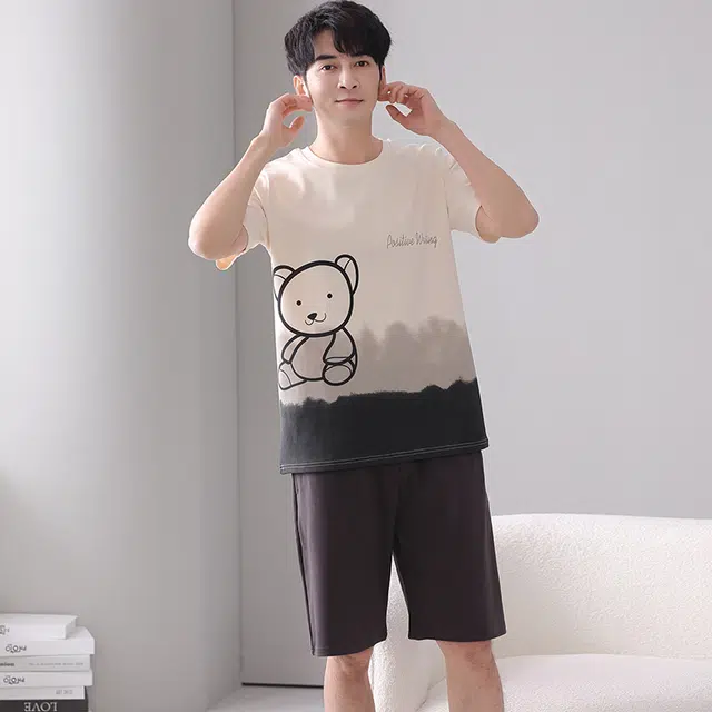 帕兰朵 卡通小熊印花可外穿家居睡衣套装 男款
