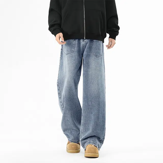 快鱼 美式复古夏季基础款无性别主义水洗做旧直筒阔腿垂感高街简约潮流百搭宽松舒适亲肤独特个性中腰显高休闲牛仔裤 男女同款