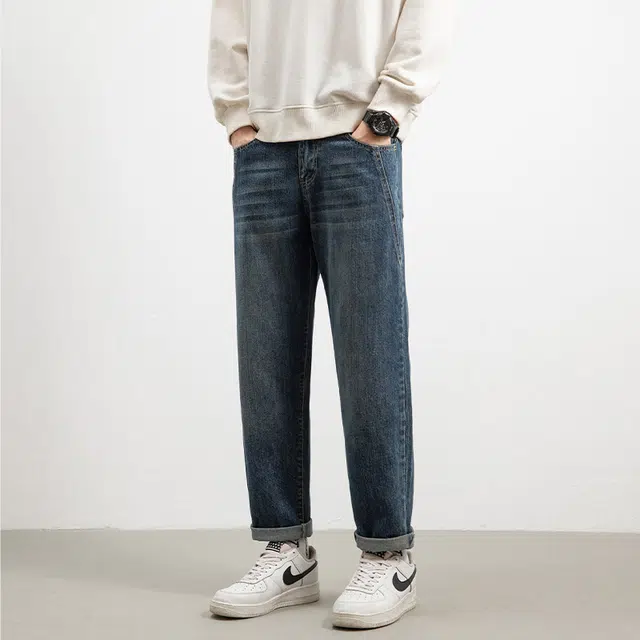快鱼 水洗做旧宽松薄款高街百搭垂坠感柔软舒适牛仔裤 男款 蓝色