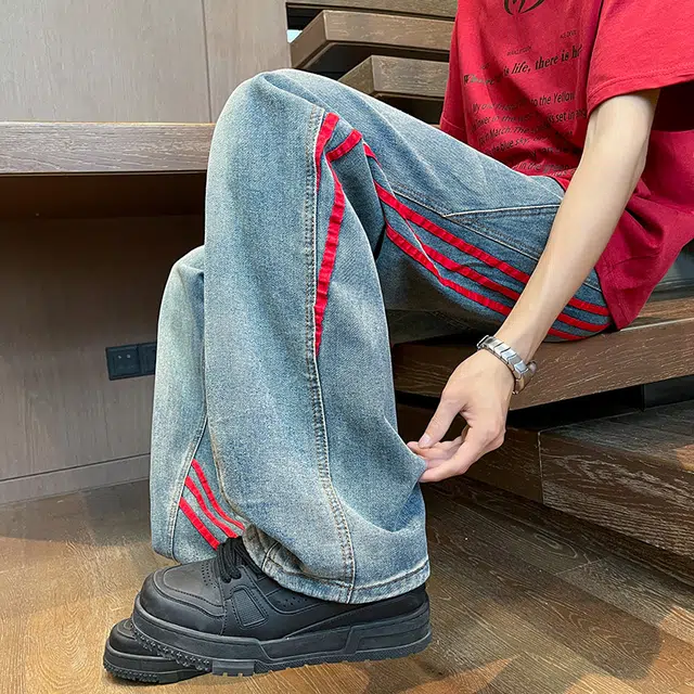 快鱼 美式复古水洗基础款侧边不规则条纹设计高街做旧舒适亲肤透气直筒长裤通勤百搭垂感休闲风中腰显高宽松简约牛仔裤 男女同款
