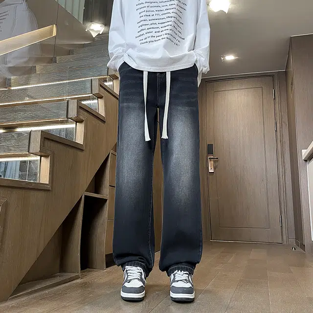 快鱼 美式复古废土水洗做旧褶皱磨白高街中腰宽松直筒垂感休闲舒适透气百搭牛仔裤 男女同款