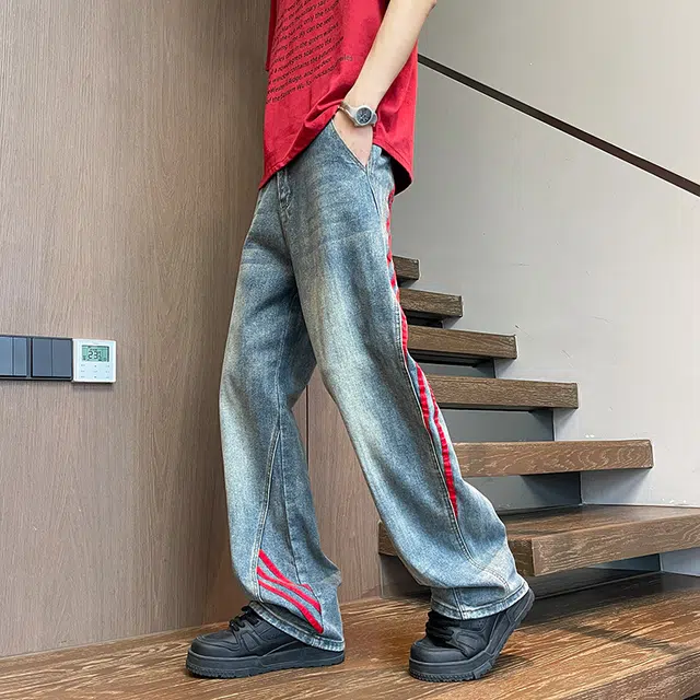 快鱼 美式复古水洗基础款侧边不规则条纹设计高街做旧舒适亲肤透气直筒长裤通勤百搭垂感休闲风中腰显高宽松简约牛仔裤 男女同款