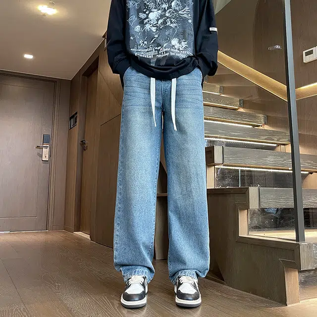 快鱼 美式复古废土水洗做旧褶皱磨白高街中腰宽松直筒垂感休闲舒适透气百搭牛仔裤 男女同款