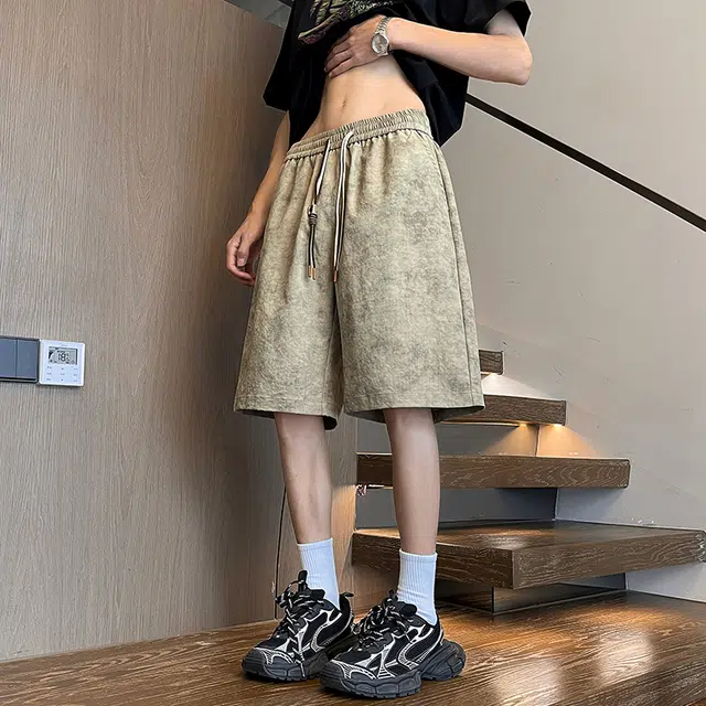 快鱼 薄款美式复古高街简约纯色百搭脏脏裤纹理设计宽松中腰直筒舒适松紧系带日常运动通勤潮流五分休闲短裤 男女同款