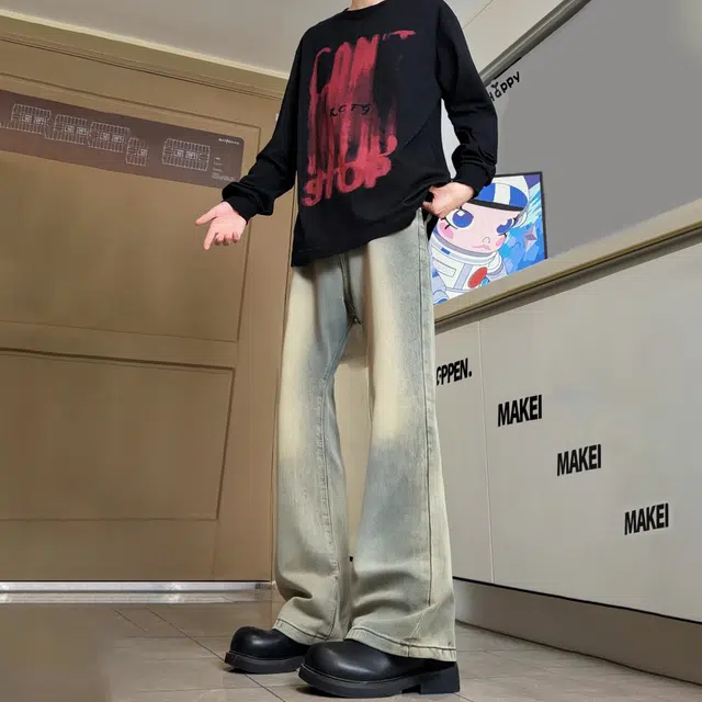快鱼 巴黎柳叶美式高街潮流弯刀裤青少年时尚直筒微喇裤百搭高街风长裤美式裤子牛仔裤 男女同款