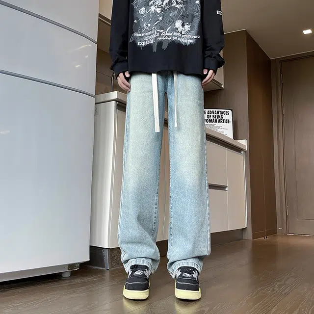 快鱼 美式复古废土水洗做旧褶皱磨白高街中腰宽松直筒垂感休闲舒适透气百搭牛仔裤 男女同款