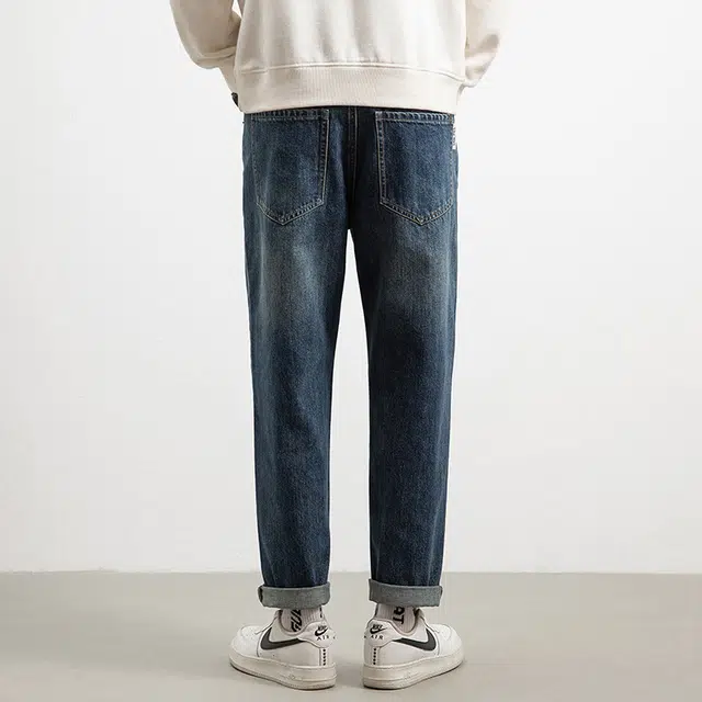 快鱼 水洗做旧宽松薄款高街百搭垂坠感柔软舒适牛仔裤 男款 蓝色