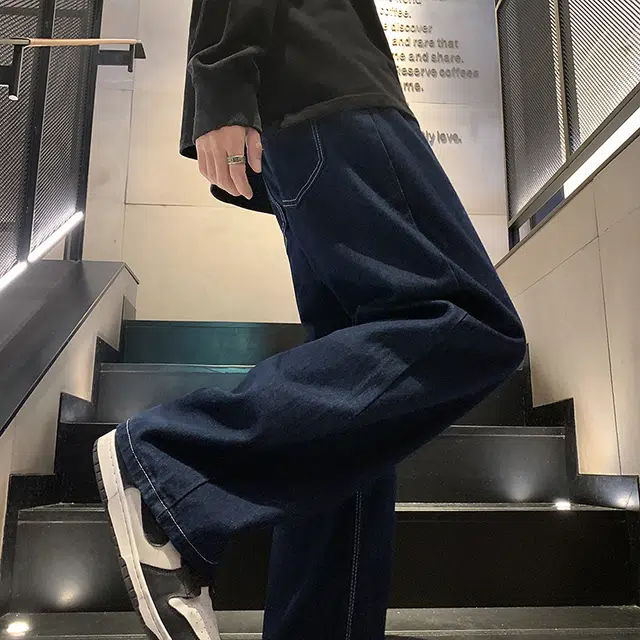 快鱼 美式高街水洗复古潮流宽松简约基础中腰拉链垂感阔腿拖地直筒通勤百搭休闲牛仔裤 男女同款