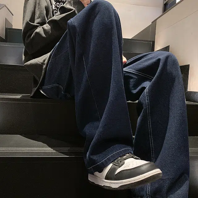 快鱼 美式高街水洗复古潮流宽松简约基础中腰拉链垂感阔腿拖地直筒通勤百搭休闲牛仔裤 男女同款