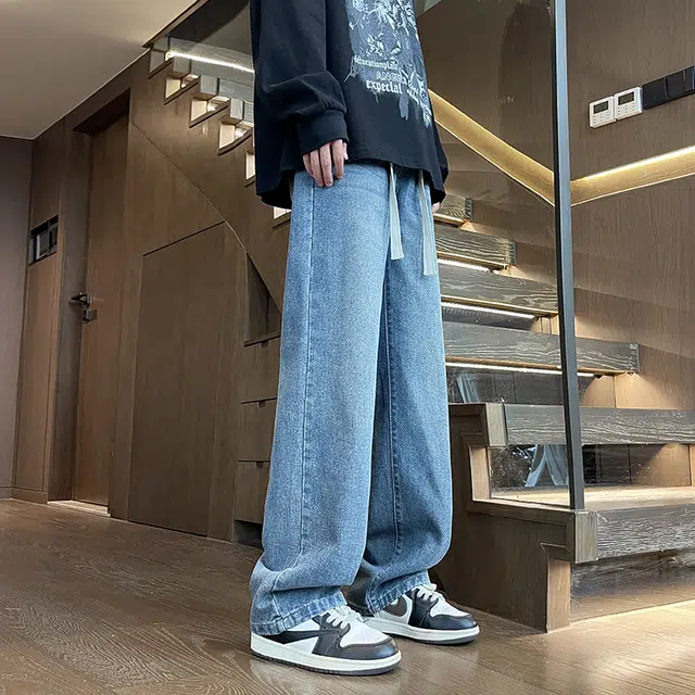 快鱼 美式复古废土水洗做旧褶皱磨白高街中腰宽松直筒垂感休闲舒适透气百搭牛仔裤 男女同款