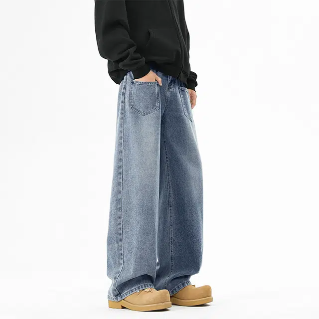 快鱼 美式复古夏季基础款无性别主义水洗做旧直筒阔腿垂感高街简约潮流百搭宽松舒适亲肤独特个性中腰显高休闲牛仔裤 男女同款