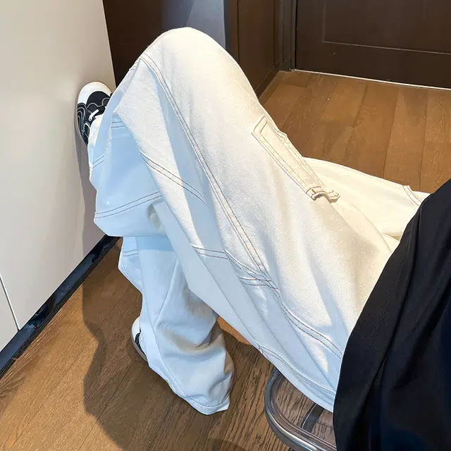 快鱼 美式高街复古弯刀工装多口袋简约设计纯色基础款直筒做旧水洗中腰休闲阔腿垂感宽松百搭牛仔裤 男女同款