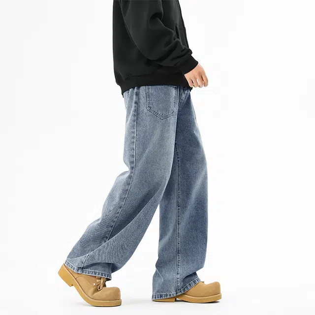快鱼 美式复古夏季基础款无性别主义水洗做旧直筒阔腿垂感高街简约潮流百搭宽松舒适亲肤独特个性中腰显高休闲牛仔裤 男女同款