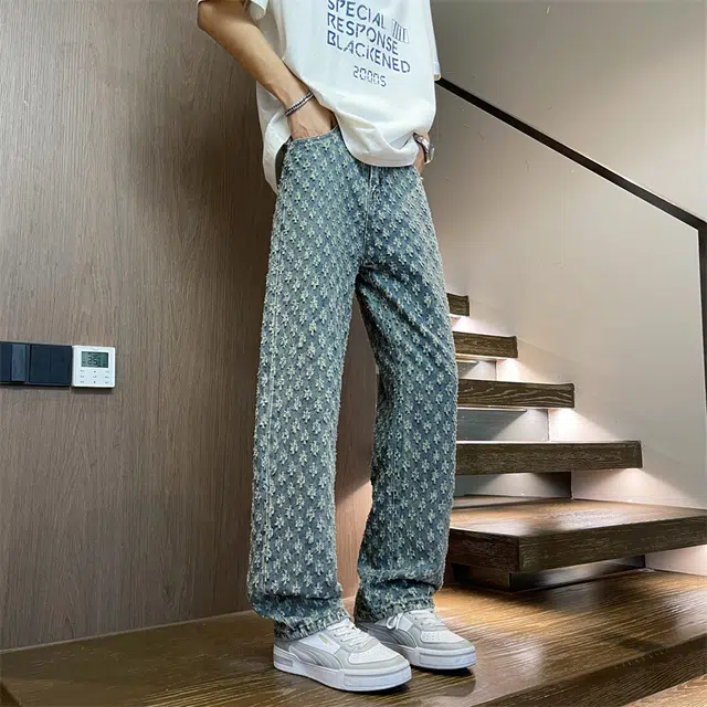 快鱼 潮流复古水洗做旧美式提花满印裤夏季高街痞帅炸街简约百搭基础款宽松显高显瘦休闲垂感直筒拖地牛仔裤 男女同款