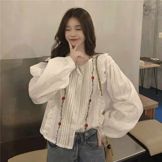 梨九九 设计感小众法式温柔风花朵刺绣排扣长袖衬衣潮衬衫 女款