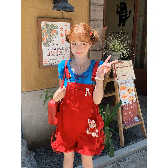 梨九九 巨好看的夏装一整套短袖背带裤女休闲套装 女款