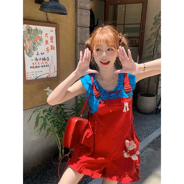 梨九九 巨好看的夏装一整套短袖背带裤女休闲套装 女款
