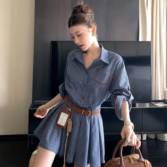 梨九九 早秋蓝格修身衬衫百褶短裙长袖连衣裙 女款