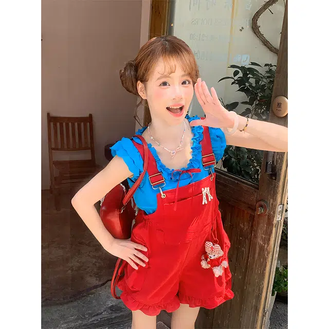 梨九九 巨好看的夏装一整套短袖背带裤女休闲套装 女款