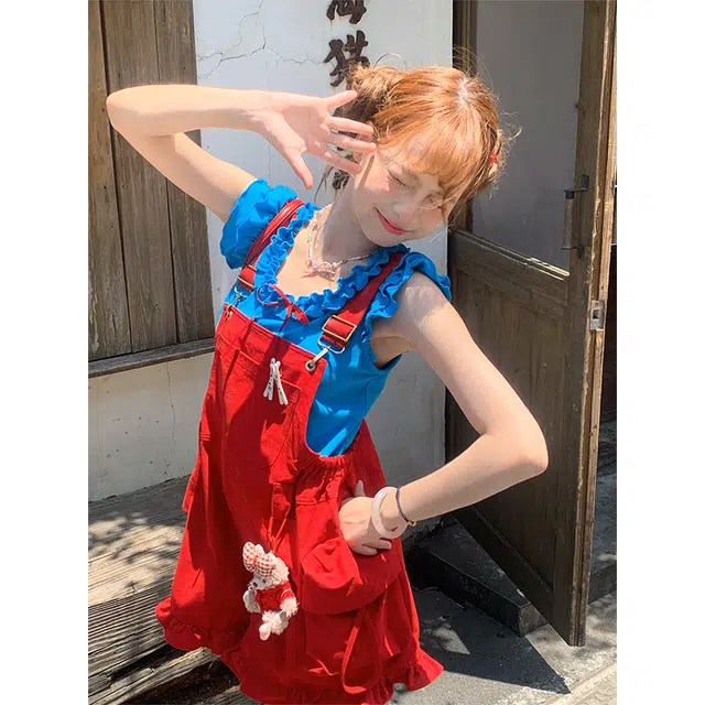 梨九九 巨好看的夏装一整套短袖背带裤女休闲套装 女款