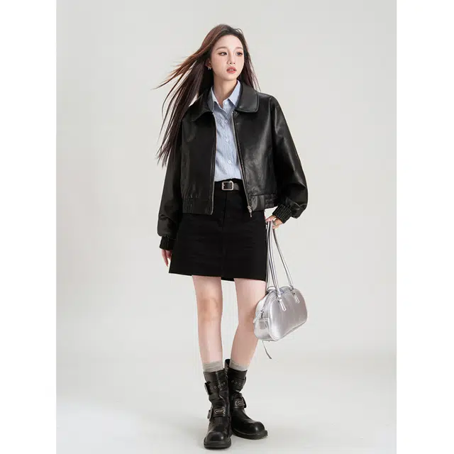 梨九九 外套女爆款设计感机车短款棒球服夹克皮衣 女款