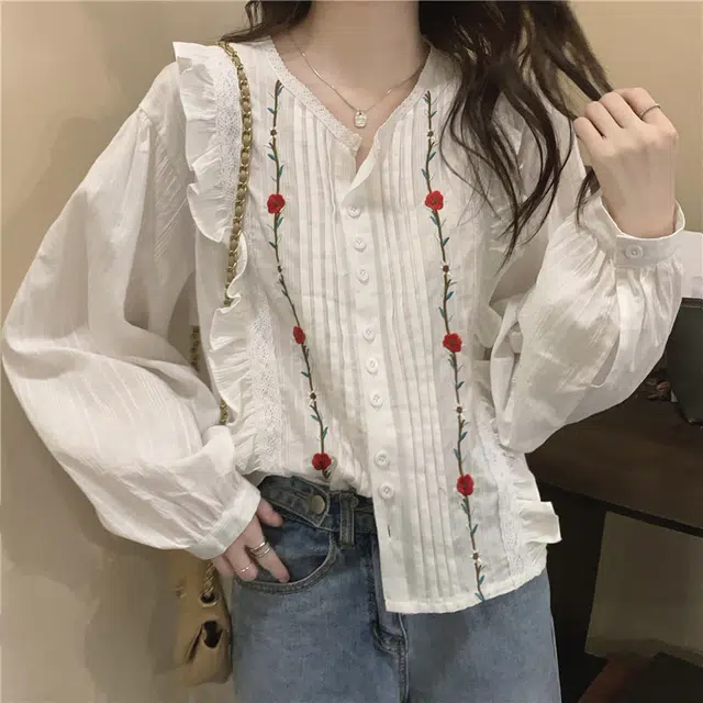 梨九九 设计感小众法式温柔风花朵刺绣排扣长袖衬衣潮衬衫 女款