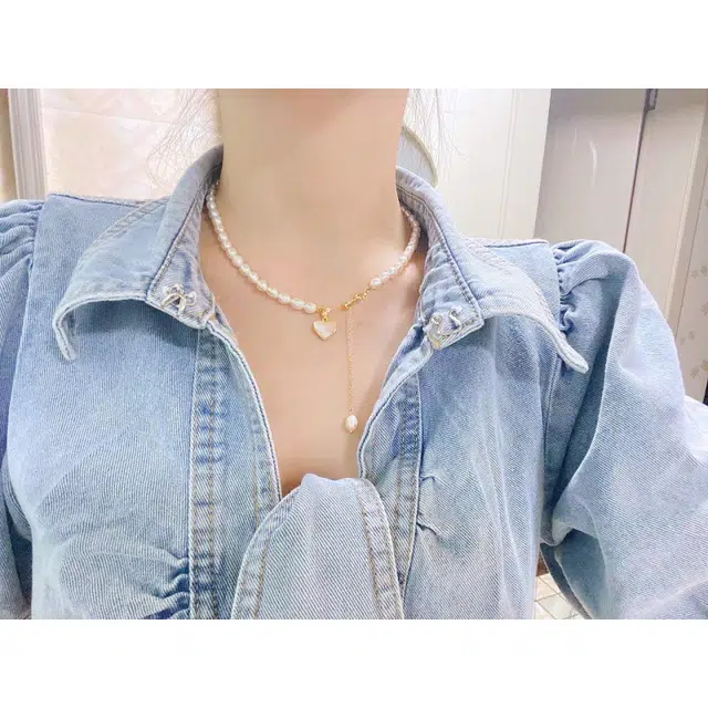 安道子 甜美心动爱心锁骨链 浪漫颈链时尚甜贝母爱心吊坠 恋爱礼盒女友 出游#好运 天然 珍珠 项链 女款