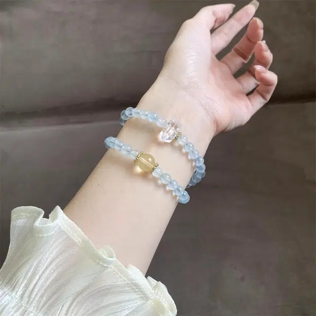 安道子 本命年 情绪稳定转运护身符  双尖双层串珠小众设计简约大气充实  出游好运天然海蓝宝手串 女款