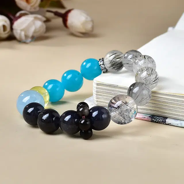 安道子 黑发晶时尚设计自然能量提升 平行平衡  恋爱礼盒 出游好运天然海蓝宝手串 女款
