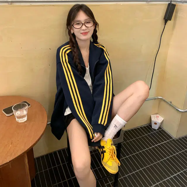 花蔓色 宽松时尚休闲三条杠立领长袖拉链开衫外套长袖卫衣 女款 藏蓝色