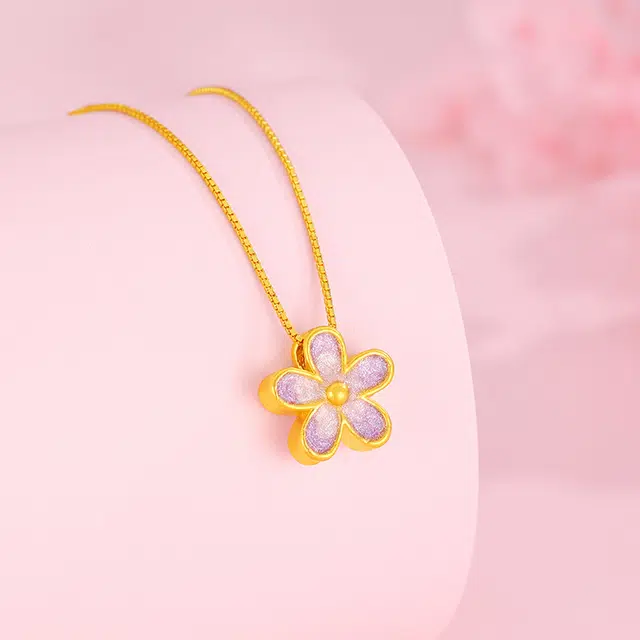 萃华金店 紫色桃花 梦幻星空渐变粉色紫色浪漫多巴胺 精致小花浪漫小桃花锁骨链 足金 一口价 黄金项链 女款